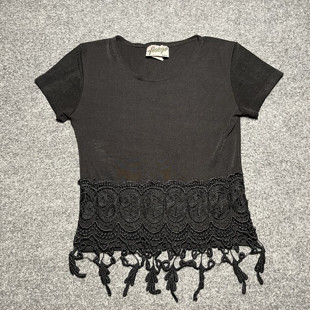 Vintage Fuego Top Womens Medium Black Disco Cropped Lace Fringe USA
